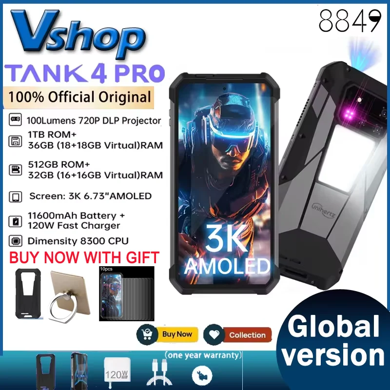 Unihertz Tank 4 pro 5G Projector Rugged Smartphone 36G 1TB Dimensity 8300 Android 14 11600mAh AMOLED 120HZ Sports Phone