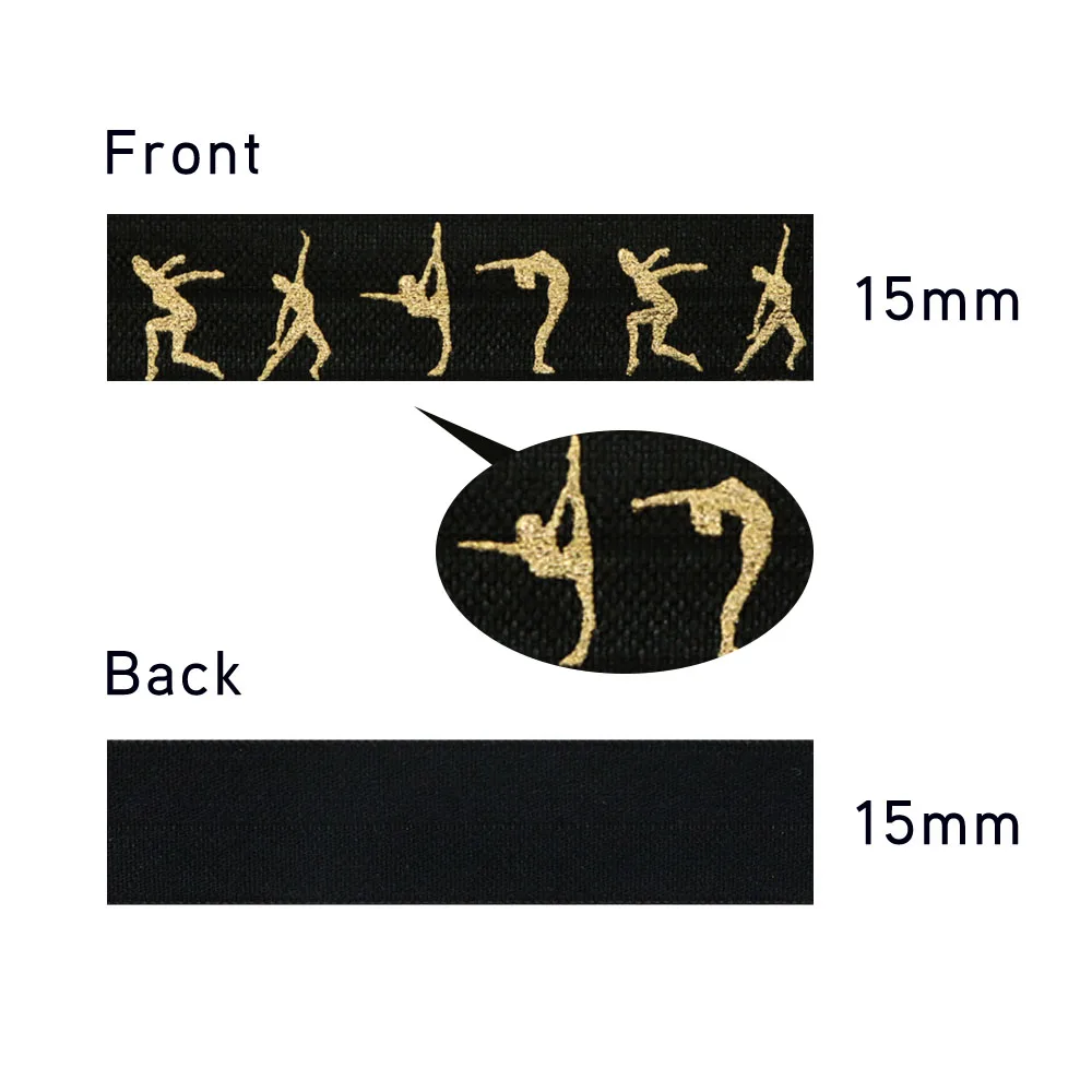 5/8" 15MM Gold Foil Female Gymnasts Printed Fold Over Elastic Band Gymnastics FOE Ribbon For DIY Knot Ties Hair Accessories
