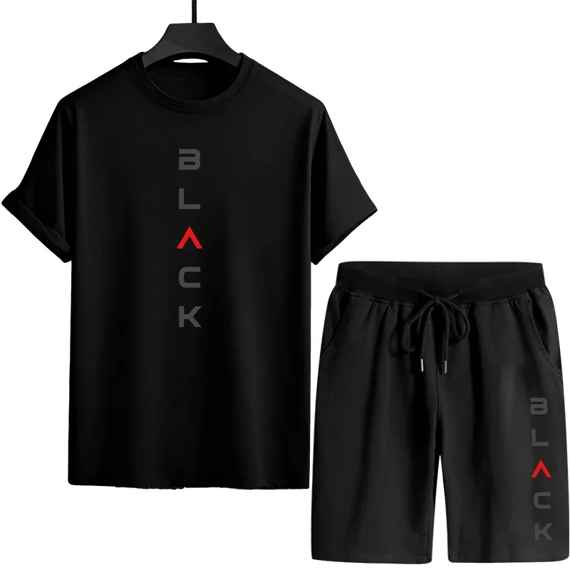 Men's Black Letter Printed Summer Sandal Two-Piece Set Casual Sportswear T-Shirt & Shorts Comfortable Outdoor Home Wear T-Shirts
