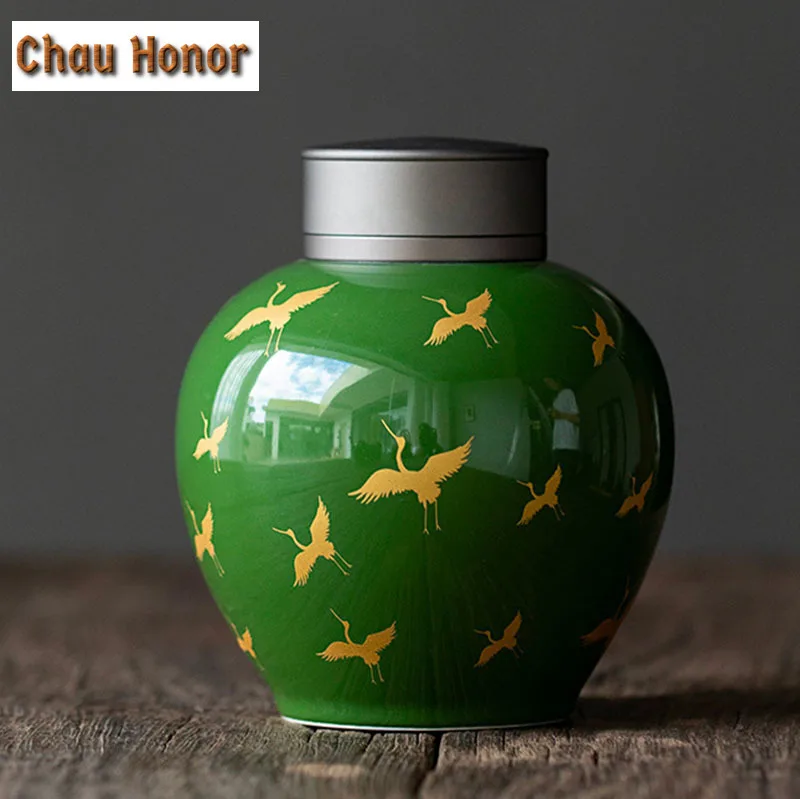 Retro Emerald Gold Crane Art Ceramic Tea Pot Household Double-layer Sealed Pot Small Convenient Tea Moisture-proof Storage Caddy