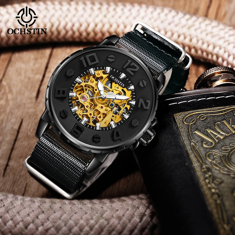 ochstin new 2024 creative nylon series business light luxury watches skeleton mechanical movement men's mechanical watches