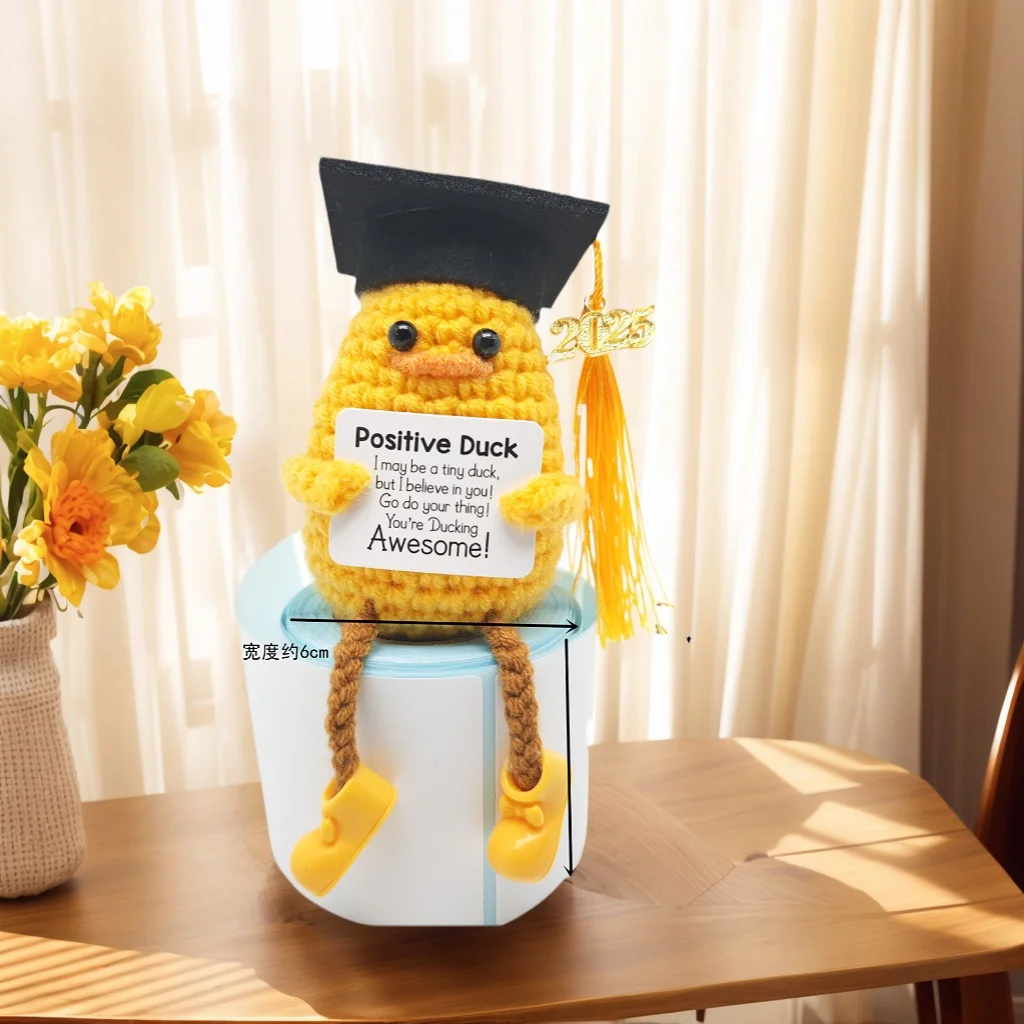 Funny Positive Energy Duck Handmade Plush Wool With Card graduation gift Cute Knitted Doll Duck Ornament Home Room Decoration