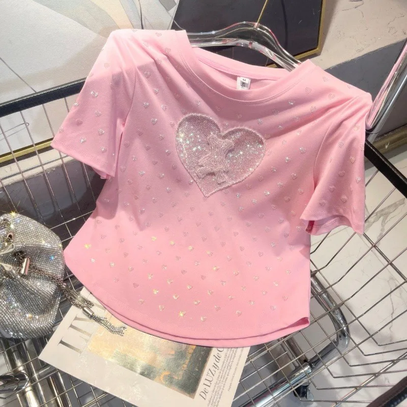 

2023 New Summer Cartoon Bear Beads Rhinestone Love Fashion Short Sleeve T-shirt Short Cotton Tee Short Tops