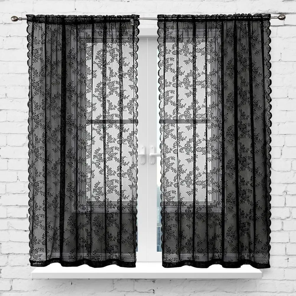 Black Lace Sheer Curtain Floral Lace Sheer Rod Pocket Curtain Panel Living Room Decoration Window Curtains Window Drape Shades 4