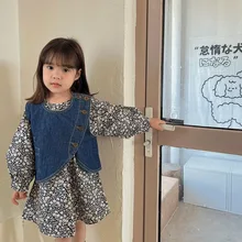 

2022 Spring New Girl Denim Vest Baby Girl Sleeveless Denim Cardigan Casual Children Princess Floral Dress Fashion Girls Clothing