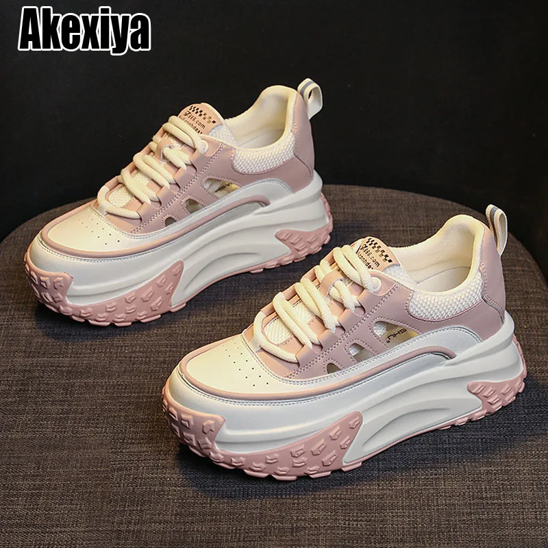 

Genuine Leather Platform Wedge Comfy Fashion Lace Breathable Women Chunky Sneakers autumn Hollow Leisure Shoes
