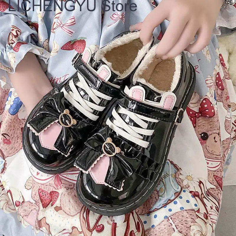 2023 Winter Japanese Lolita Soft Cute Female Student Jk Uniform Love Shoes Women Kawaii Bow Plush Warm Zapatillas Mujer