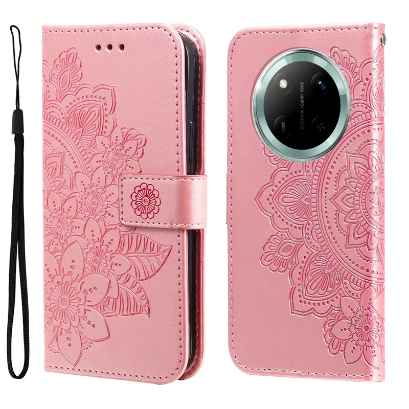 Retro Totem Sunflower Leather Wallet Phone Case with Magnetic Flip Cover and Card Holder