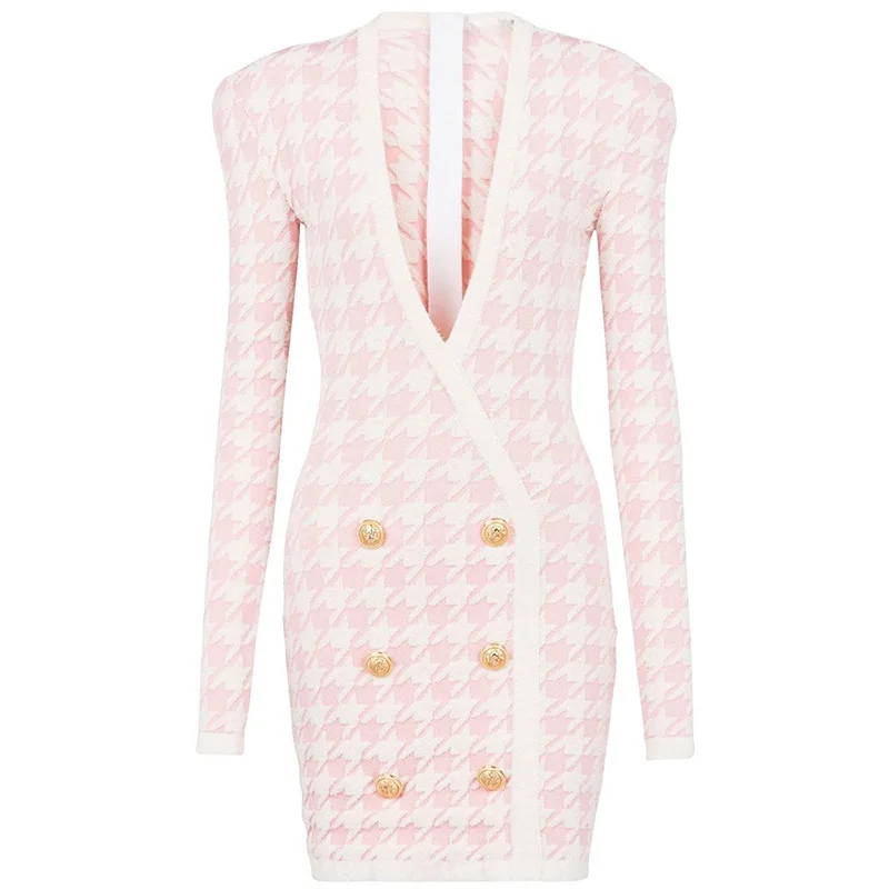 

Long Sleeve Knitted Dress 2022 Autumn Winter New Design V-neck Metal Button Pink Houndstooth Jacquard Mini Dress High Quality