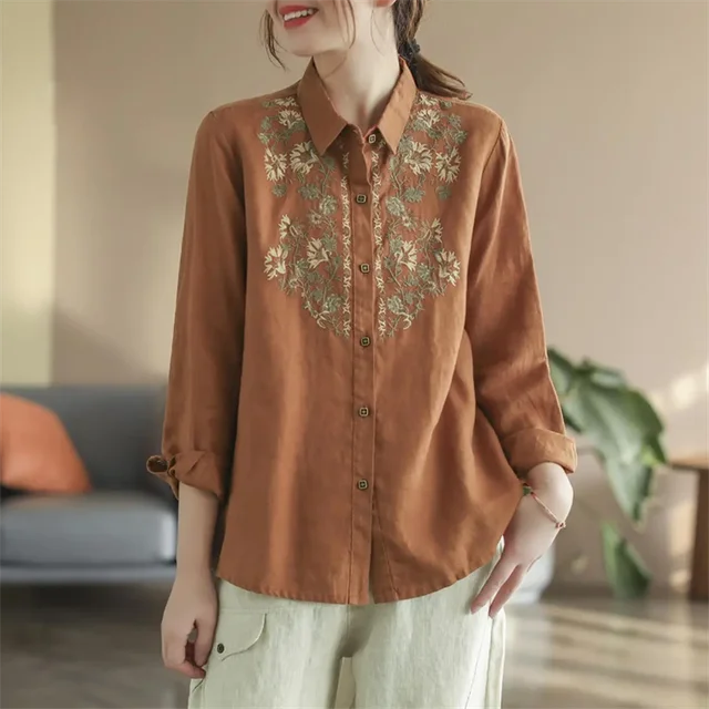 Retro Blouses For Women National Shirt Cotton Linen Shirt Loose Embroidered Blous Laple Long Sleeve Cardigan Top Female Shirts 2