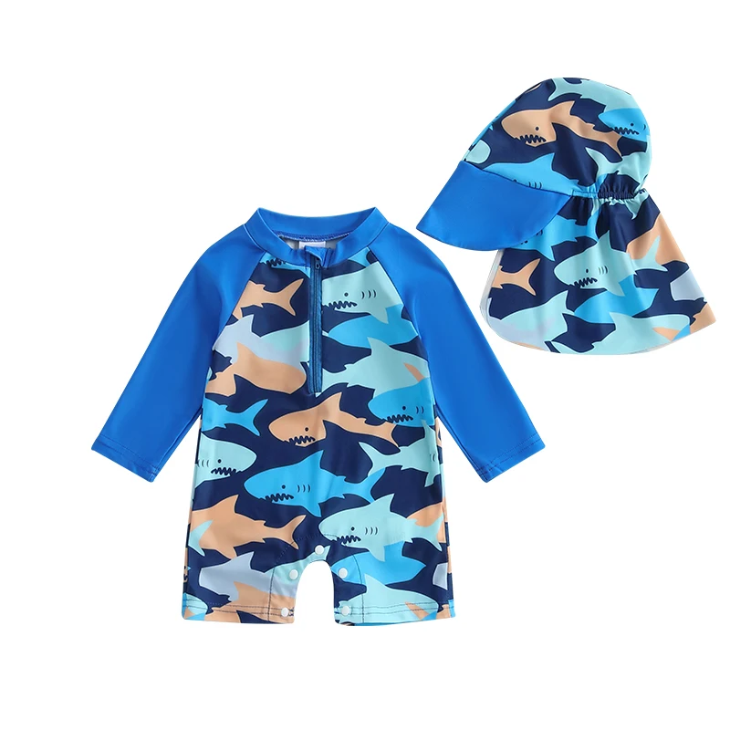 0-4T Toddler Girls Boys Rash Guard Swimsuit Playsuits Long Sleeve Daisy/Shark Print Kids Bathing Suit with Swim Cap