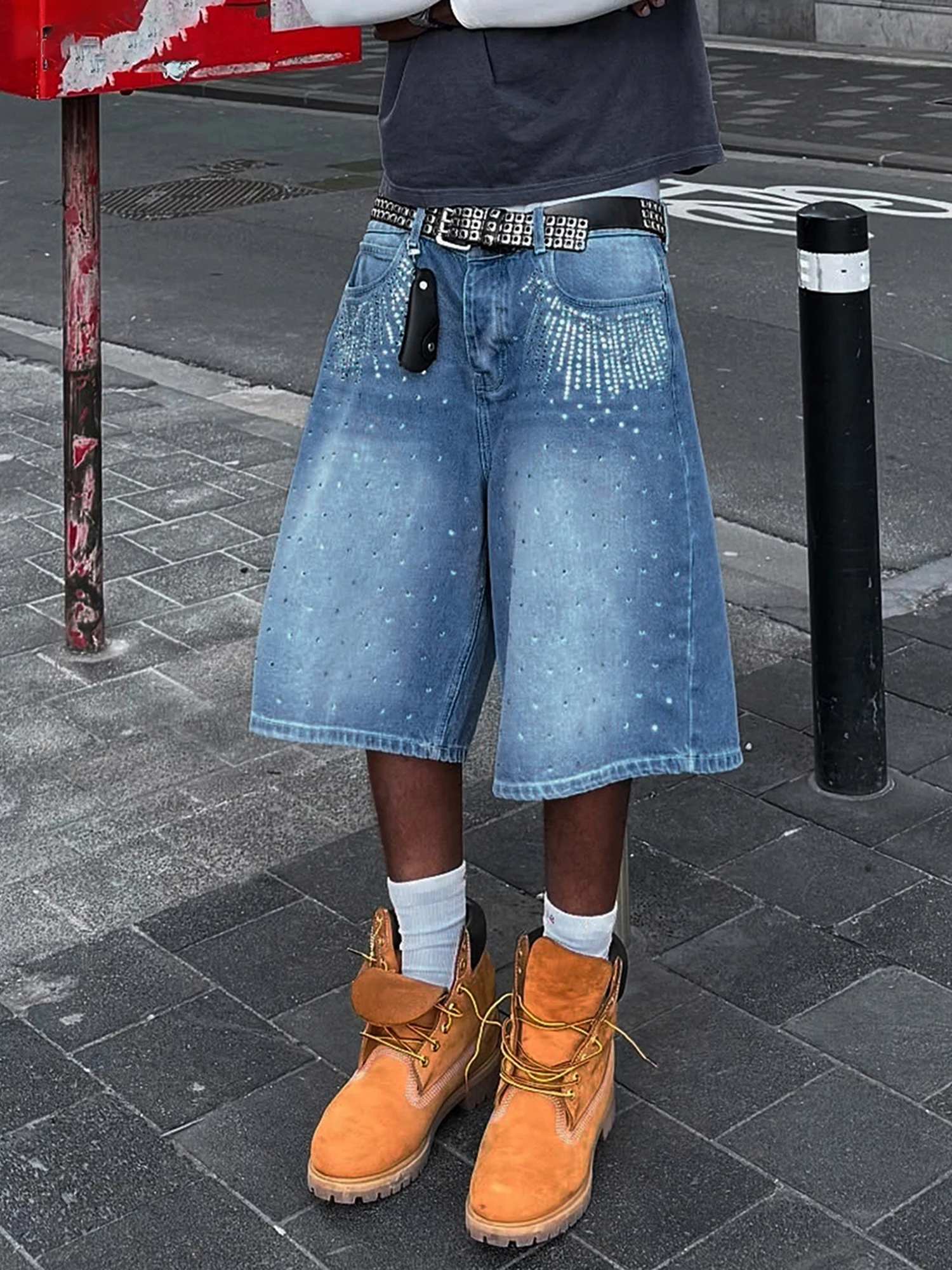Men s Knee Length Denim Shorts with Distressed Detailing and Frayed Hem Mid Rise Loose Fit Long Jean Shorts Below Knee Cropped