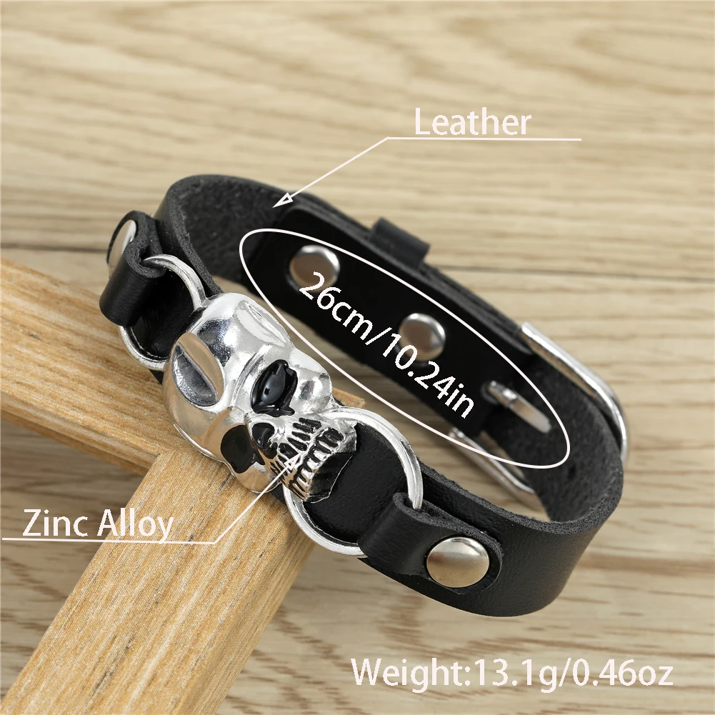 Trend Vintage Black Leather Bracelet Adjustable Size Retro Skull Shape Braceletfor Men's Daily Wear 5