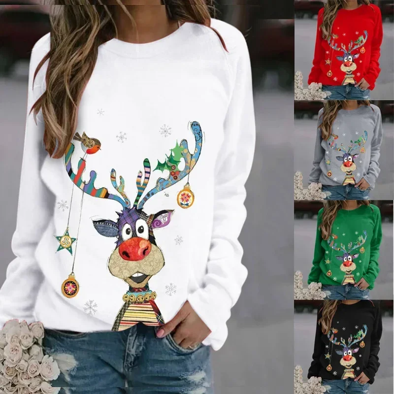 

Women's Rudolph Reindeer Printed Long-sleeved Sweater Christmas Round Neck Casual Top T-shirt