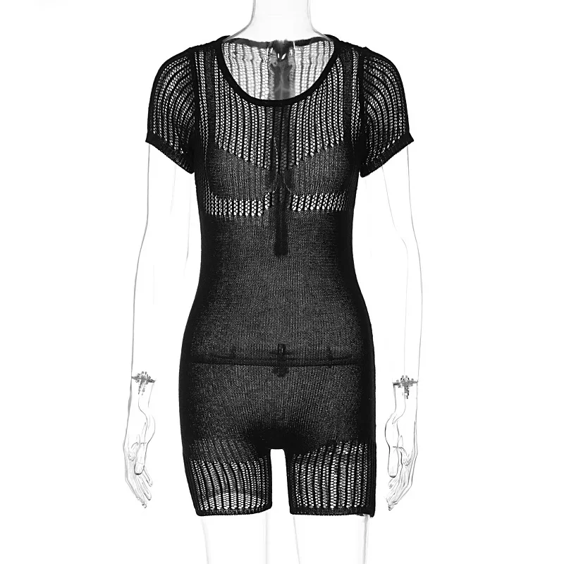 Knitted Hollow Out Summer Playsuits Women O Neck Short Sleeve Skinny Shorts Jumpsuits Fashion Casual Beach Romper Streetwear