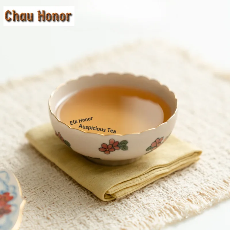 100ml Hand-painted Five-petal Flowers Teacup Ancient Tea Bowl Mug Tea-tasting Meditation Cup Chazhan Master Cups Drinkware Gift