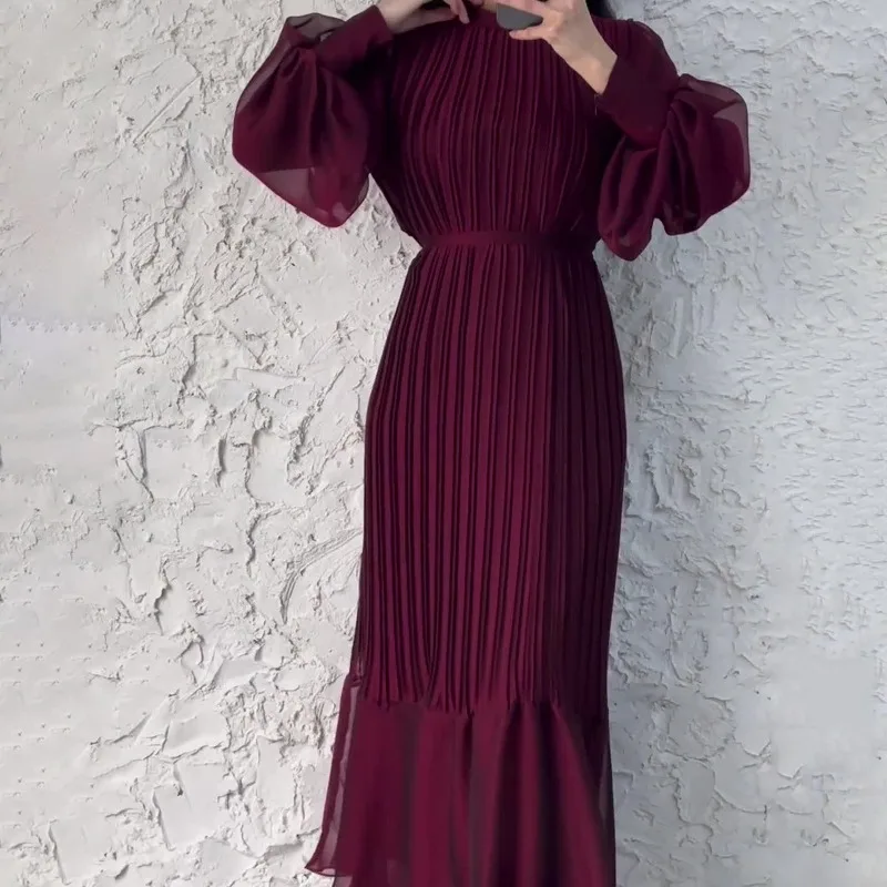 

2024 Spring New Women's Clothing Elegant Slightly Mature Style round Neck Lantern Long Sleeve Waist Dress