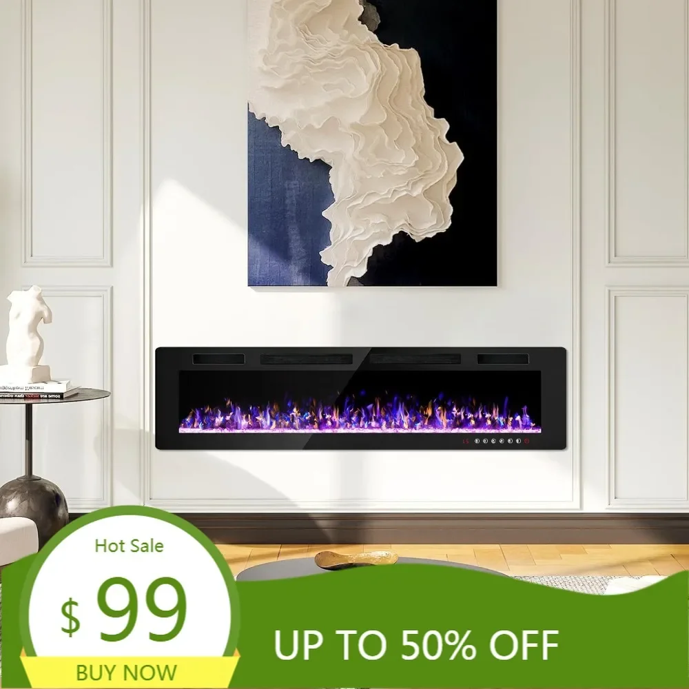 72 inch ultra-thin electric fireplace in-wall recessed and wall mounted fireplace heater,linear fireplace with multicolor flame