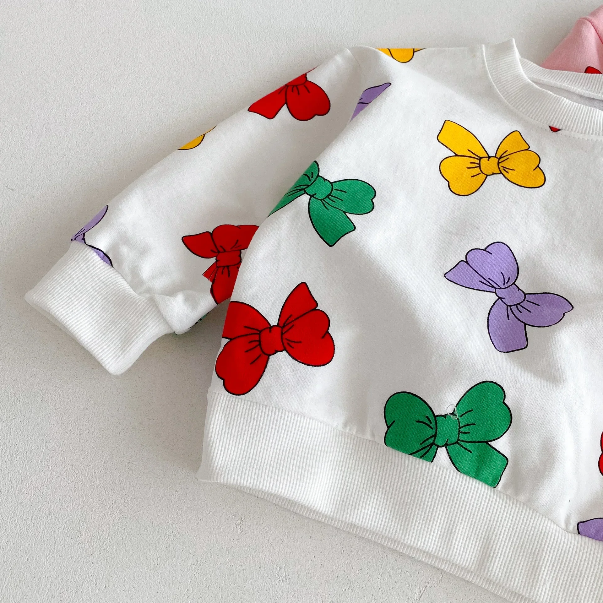 Cotton Kids Hoodie Set Colorful Bow Print Girls Clothing