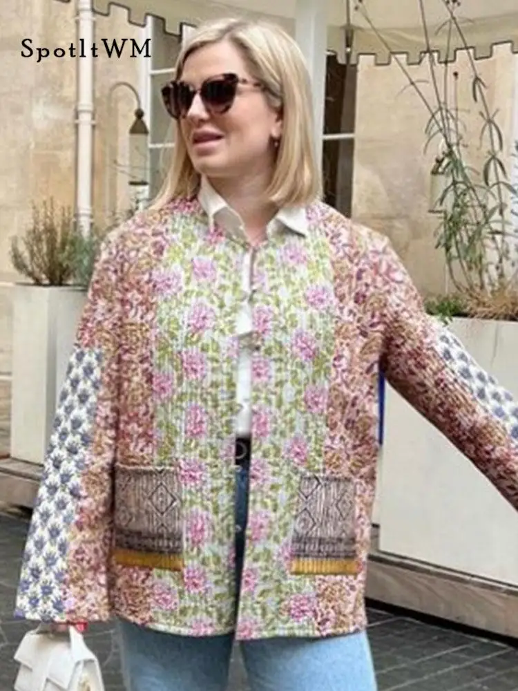 

Women Elegant Printed Cotton Coat Top Fashion Long Sleeve Single Breasted Pockets Jacket Autumn Winter Female Warm Streetwear