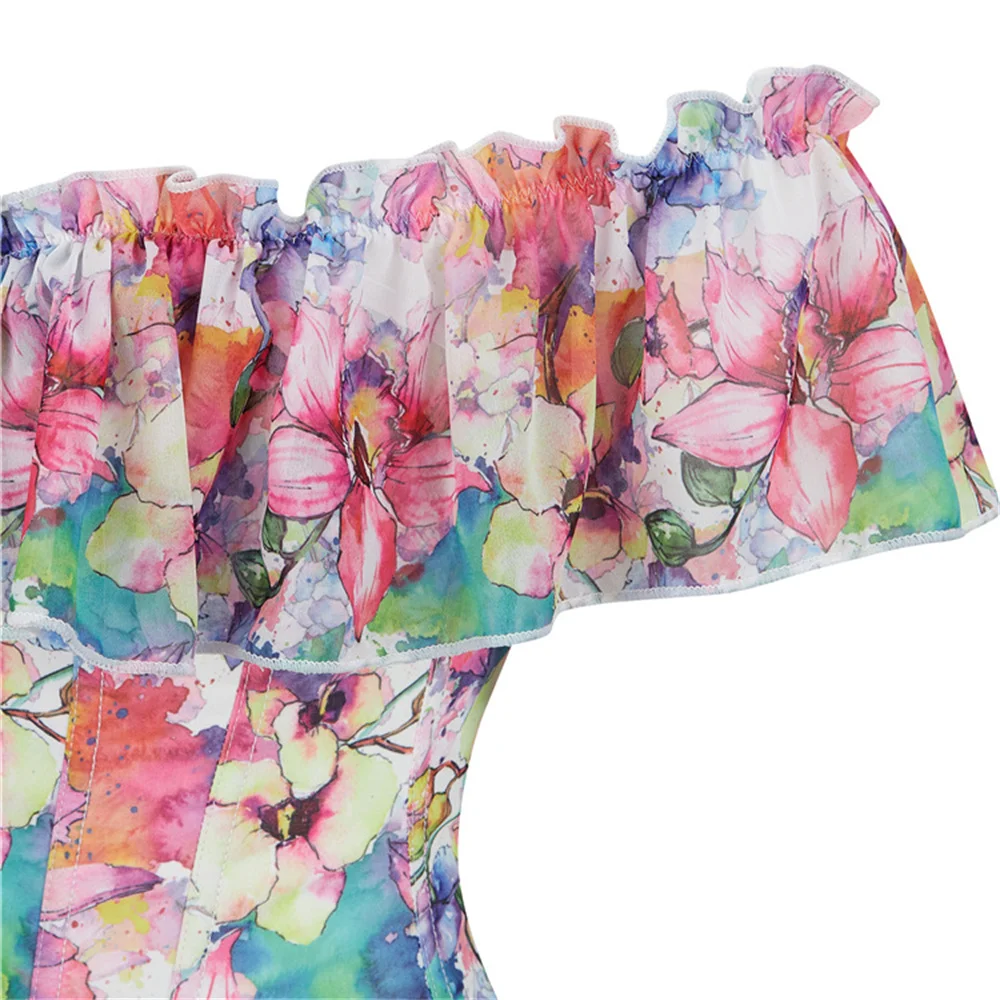 Women Fashion Floral Bustier And Corset Steampunk Ruffle Off Shoulder Overbust Corset Top Body Shapewear