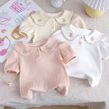 2025 New Style Girls Short Sleeve T-shirt Summer Baby Pit Strip Tees Toddler Girls Kids Summer Thin Children's Top 1