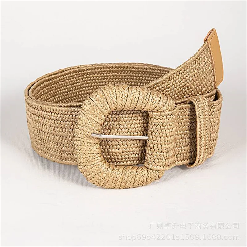 Raffia Stretch Wide Belt with Horseshoe Buckle // Bohemian Straw Rattan Waist Chain Belt for Dresses Camel Woven Accessories