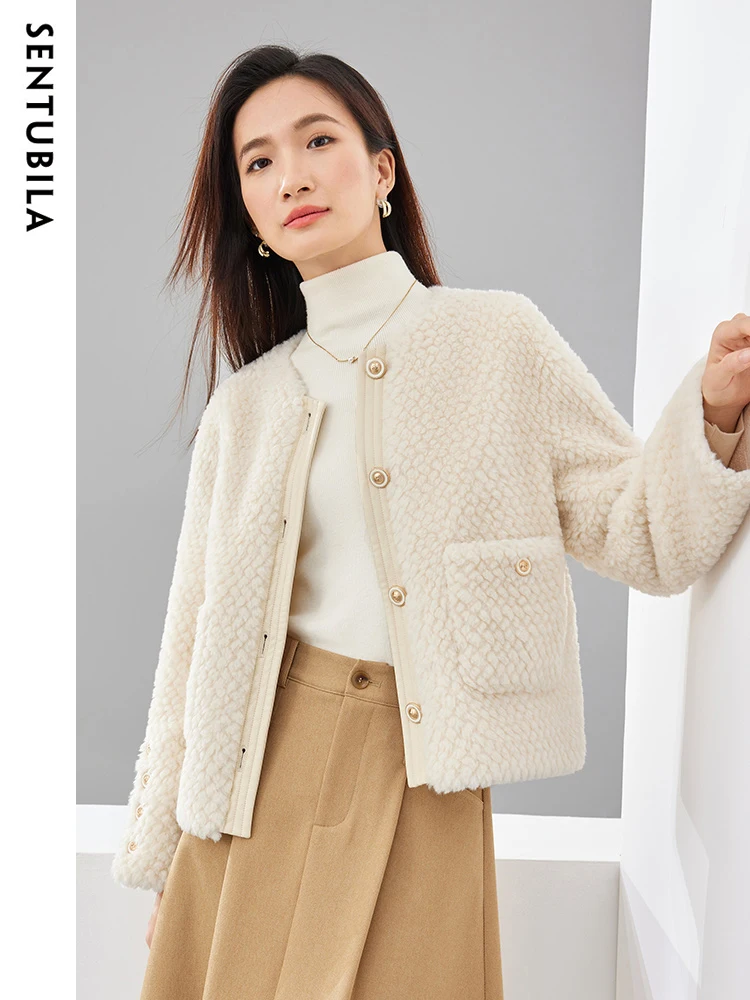 SENTUBILA Faux Fur Coat Women Luxury 2023 Autumn Winter Elegant O-Neck Short High Quality Warm Granular Velvet Jacket W34P50135