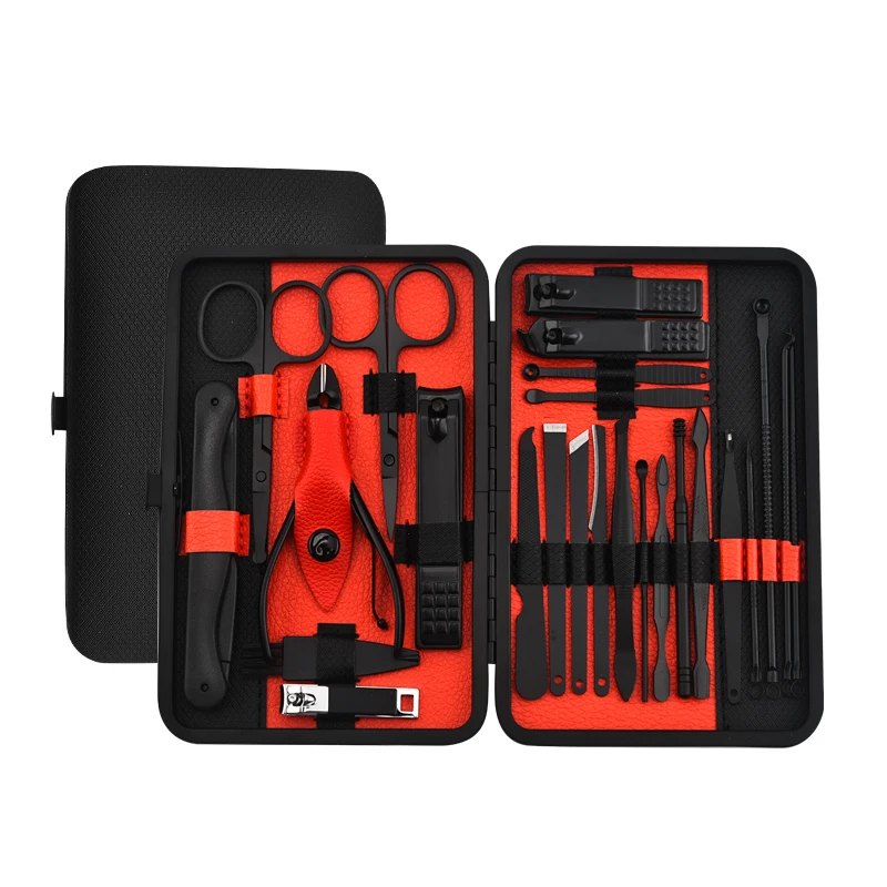 Stainless Steel Nail Clipper Set, With Black Leather Travel For Men And Women Manicure Kit Pedicure Care Nail Art Tool