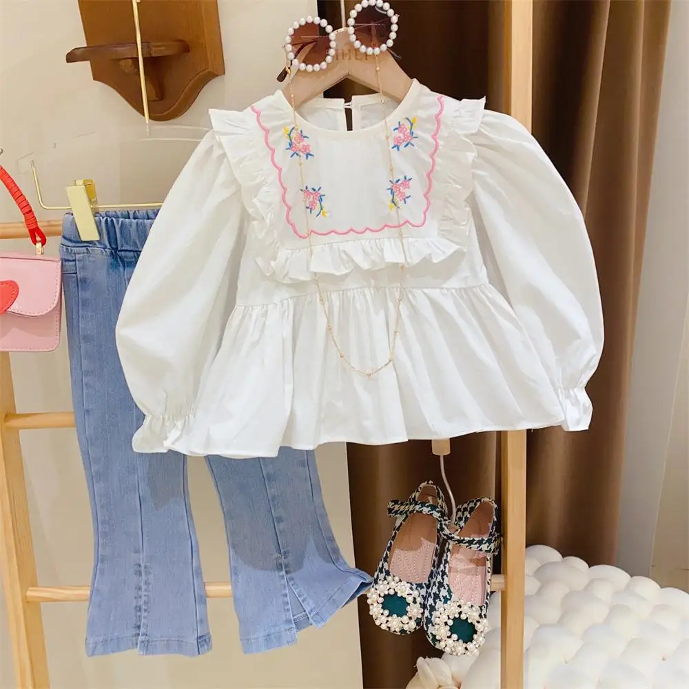 

Autumn Spring Fashion Girls Embroidered Long Sleeve Shirts Blouse+jeans Clothing Set 2PCS Korean Style Outfit Girls Clothes 3-7Y