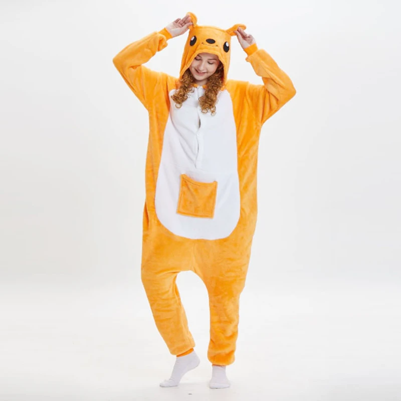 Unisex Adult Kangaroo Pajamas Cosplay Onesies Cartoon Animal Sleepwear Pyjamas Warm Flannel Hooded Christmas Halloween Jumpsuits