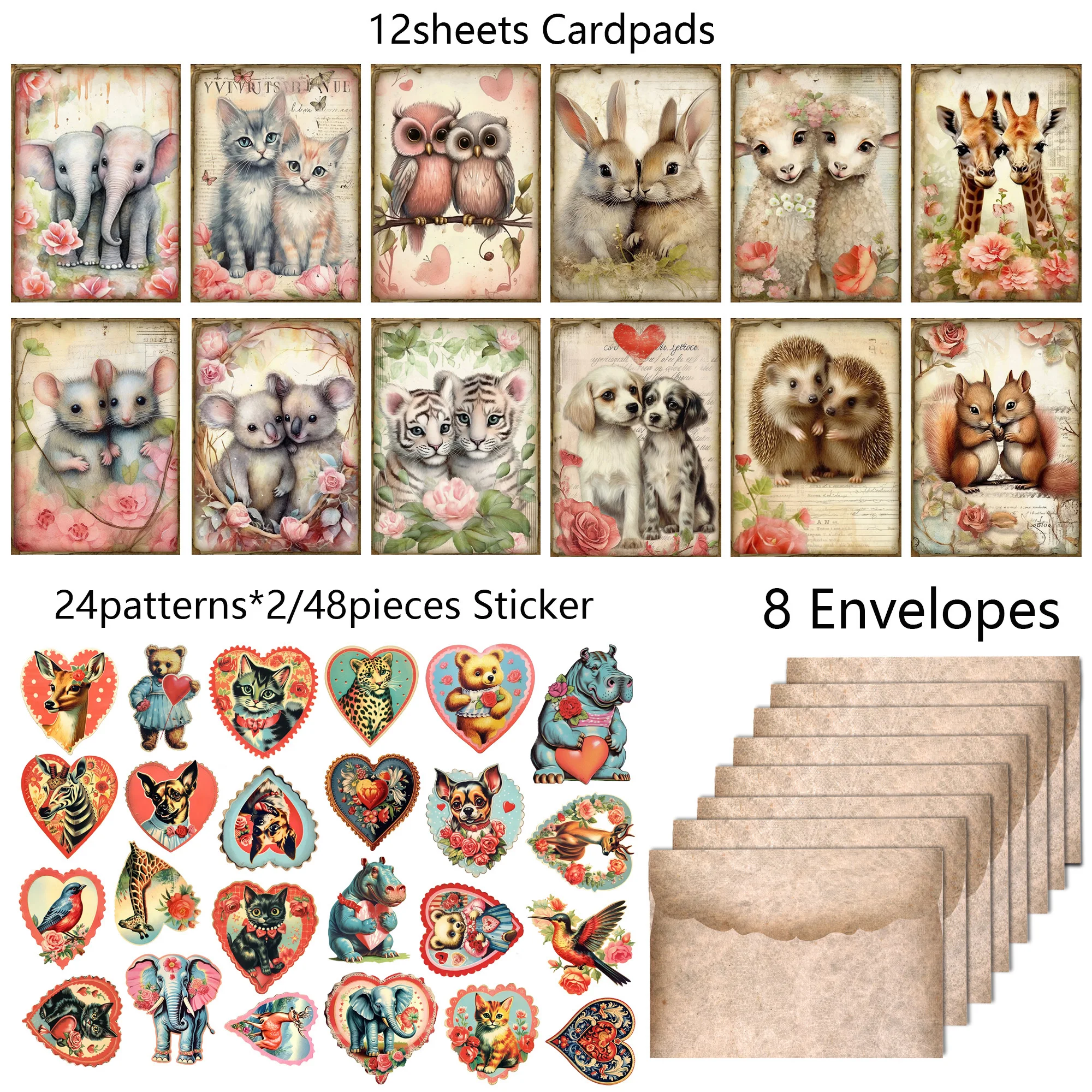 Romantic Animal Valentine's Day Thick Cards Kits with Sticker for Scrapbooking Supplies Junk Journal 68pieces(with 8 envelopes) stickers scrapbooking supplies