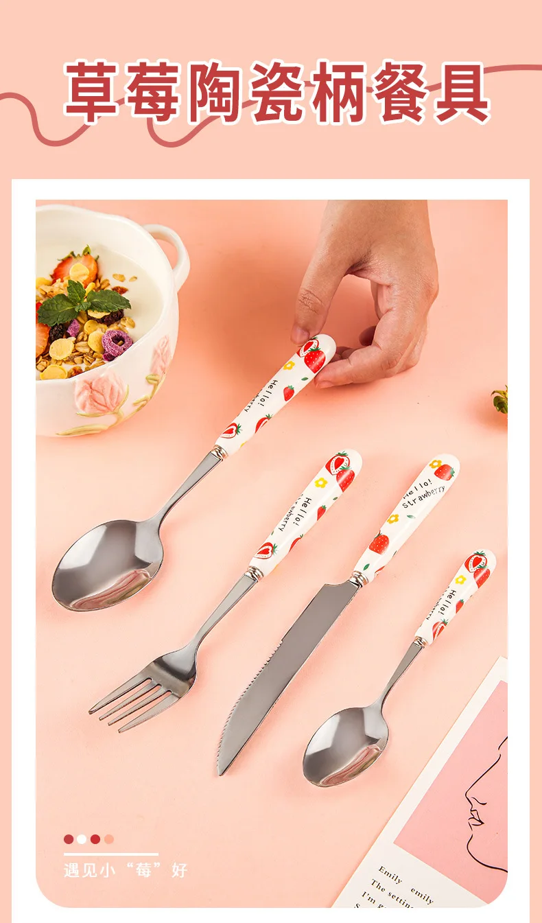 Description Picture 2 of itemStainless Steel Tableware Cute Cartoon Girl Heart Strawberry Ceramic Handle Main Dinner Knife Fork Spoon Kitchen Items
