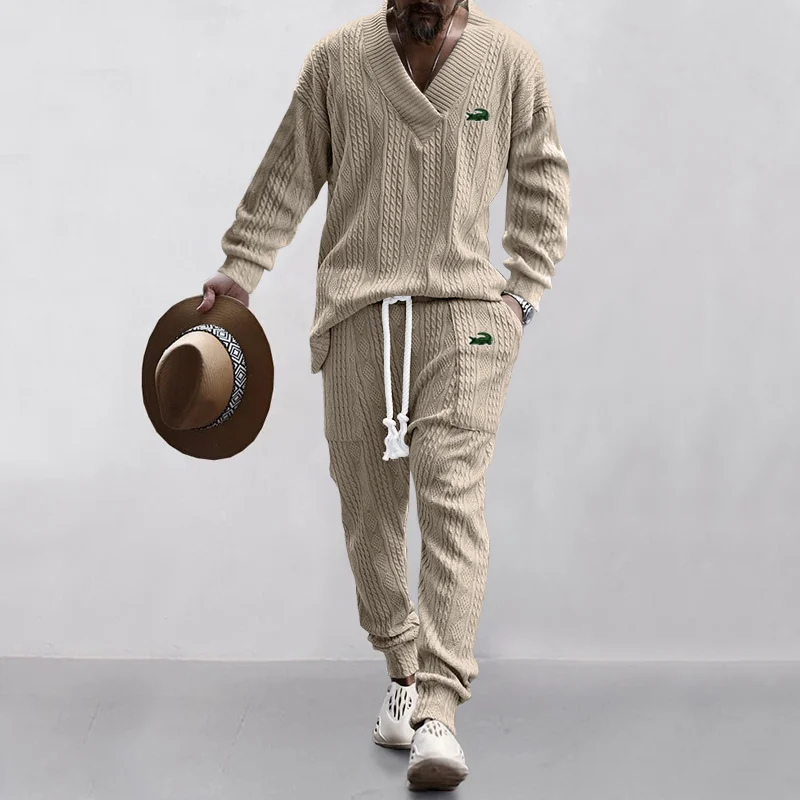 2024 Autumn New Men's Suit Europe And The United States Style Heavy Quality Jacquard V-neck Shirt Trousers Two Sets 3