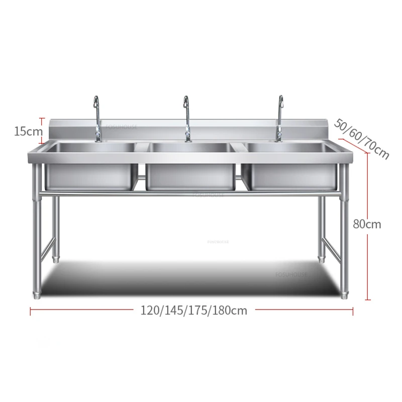 Stainless Steel Commercial Kitchen Sinks Modern School Canteen Washbasin Kitchen Accessories Luxury Home Three-slot Washbasin GL