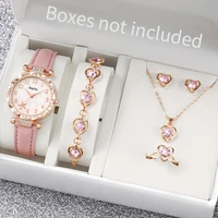 6pcs/Set Women's Flower Quartz Skin Leather Watch Strap Jewelry Set 1