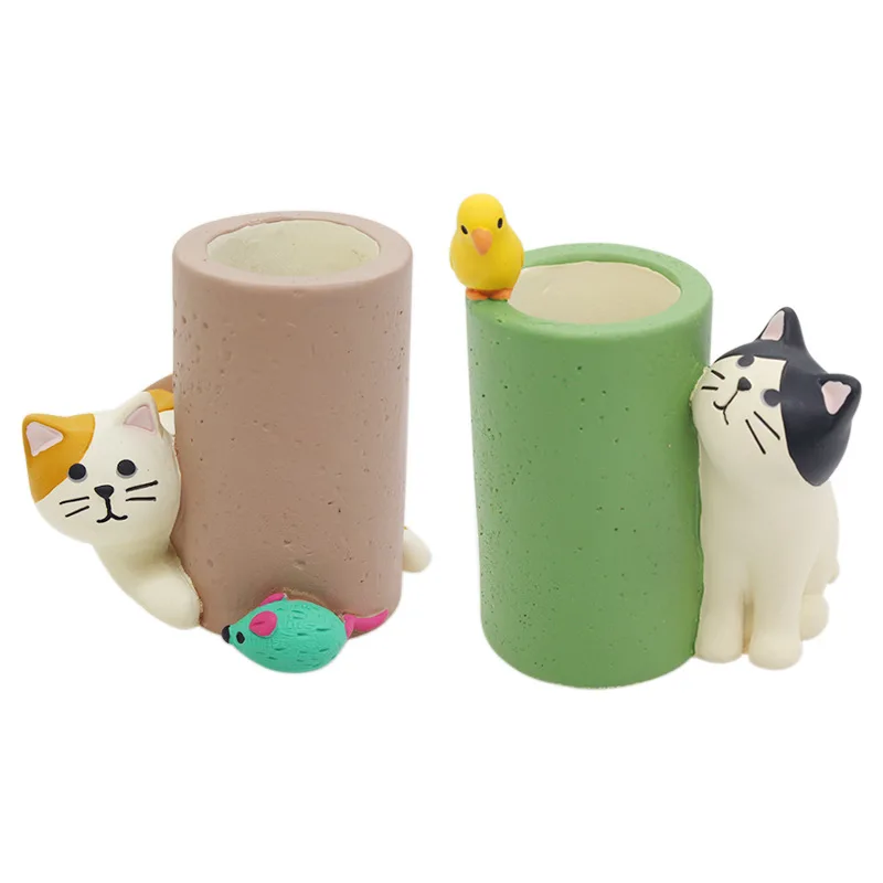 Cute Cat Catching Mice Pen Holder Stationery Storage Office Gadgets Pencil Holder Pen Stand Organizer Cute Desk Accessories