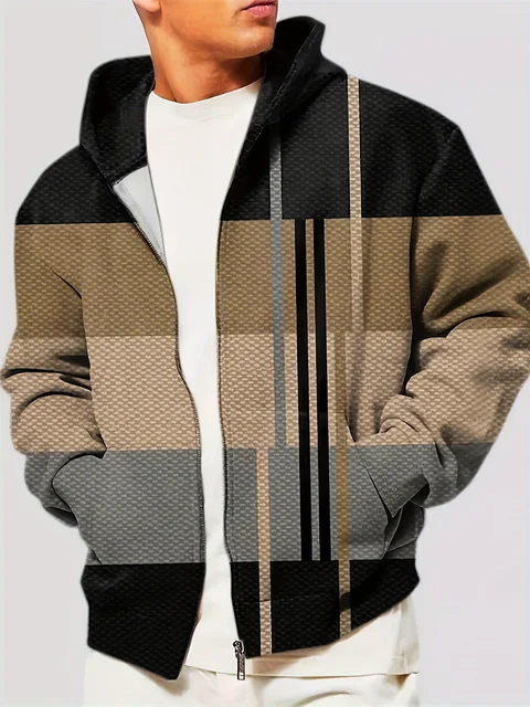 Men's Plus Size Men's Digital Print Color Block Casual Hooded Jacket With Pockets Zipper Lapel Shirt Outdoor Fashion Casual Tops 1