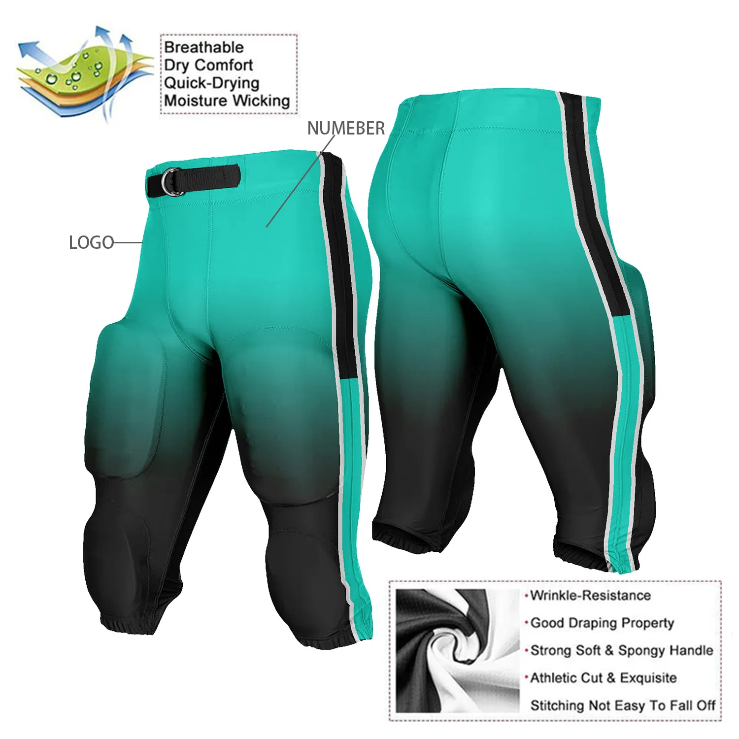 Custom Gradient Football Pants with Belt for Men Youth Running Cropped Pants Add Name Number Logo Multiple Colors