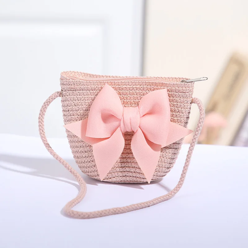 New Pink Bow Girl Bags Zipper Woven Straw Kids Princess Messenger Bags Outdoor Travel Keys Candy Crossbody Bags 3
