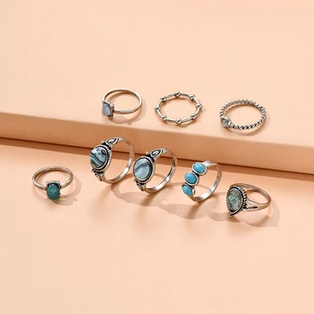 6pc/set Vintage Aesthetic Natural Stone Crystal Rings for Women Blue Opal Ethnic Ring Set Antique Silver Plated Boho Jewelry