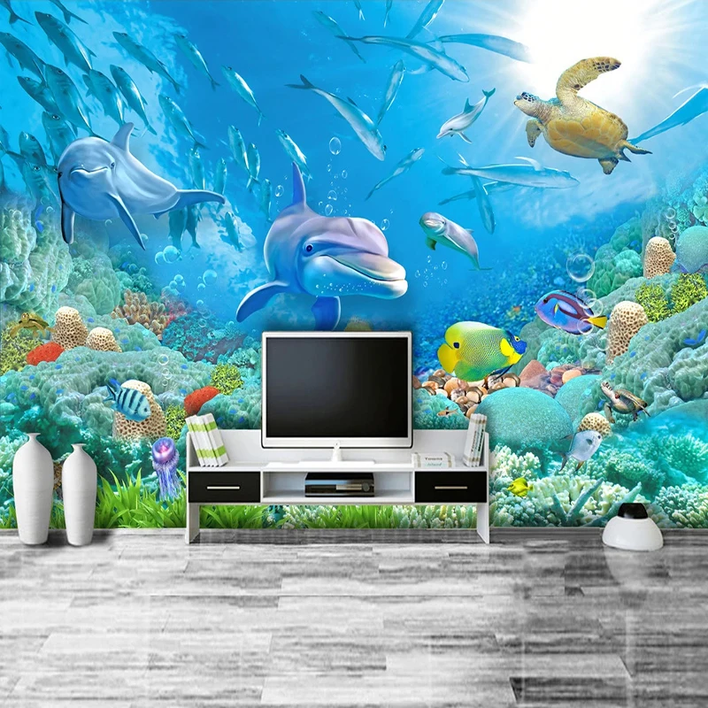 

Custom Large Size Photo Underwater World 3D Dolphin Turtle Fish Coral Mural Living Room TV Background Wallpaper for Wall 3D