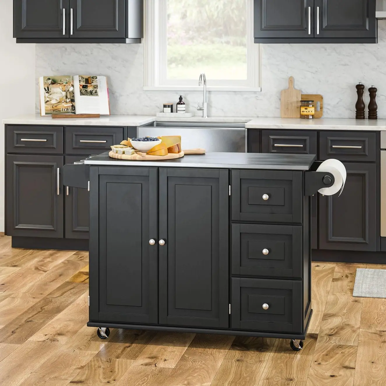 Cart with Stainless Steel Metal Top, Rolling Mobile Kitchen Island with Storage and Towel Rack, 54 Inch Width