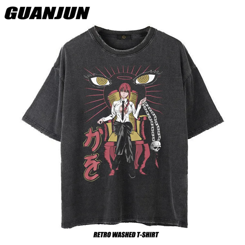 

Футболка Мужская/женская с принтом бензопилы, оверсайз графическая тенниска в стиле хип-хоп, Винтажная Майка с вареным эффектом в стиле аниме, уличная одежда, Makima