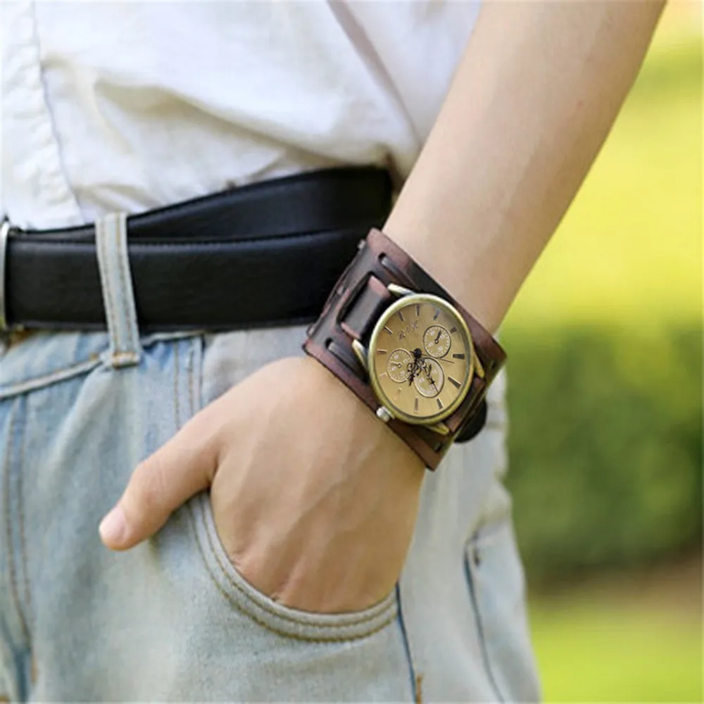 Men'S Cool Worn Wide Cuff Leather Watch Band Watch Retro Punk Style Men'S Stainless Steel Quartz Watch Relogios Masculino 4