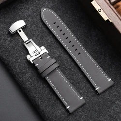 Elegant Butterfly Buckle Genuine Calfskin Leather Watch Strap - Black and Brown Options - 22mm (Grey)