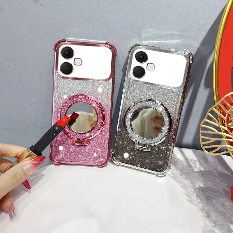Glitter Shockproof Phone Case with Mirror Stand and Beaded Strap