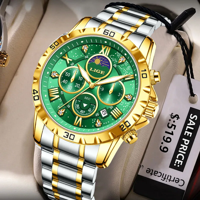LIGE Business Watch Men Fashion 24 Hour Moon Phase Waterproof Men Quartz Wristwatch Luminous Stainless Steel Sports Chronograph