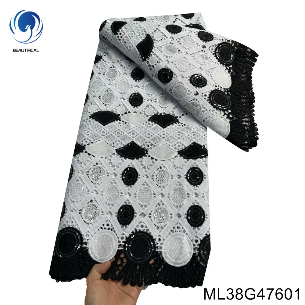 

Black and White Cord Lace Fabric, Nigerian Sequins Guipure, Water Soluble, Party Dress Material, ML38G476 Product Design, 2024