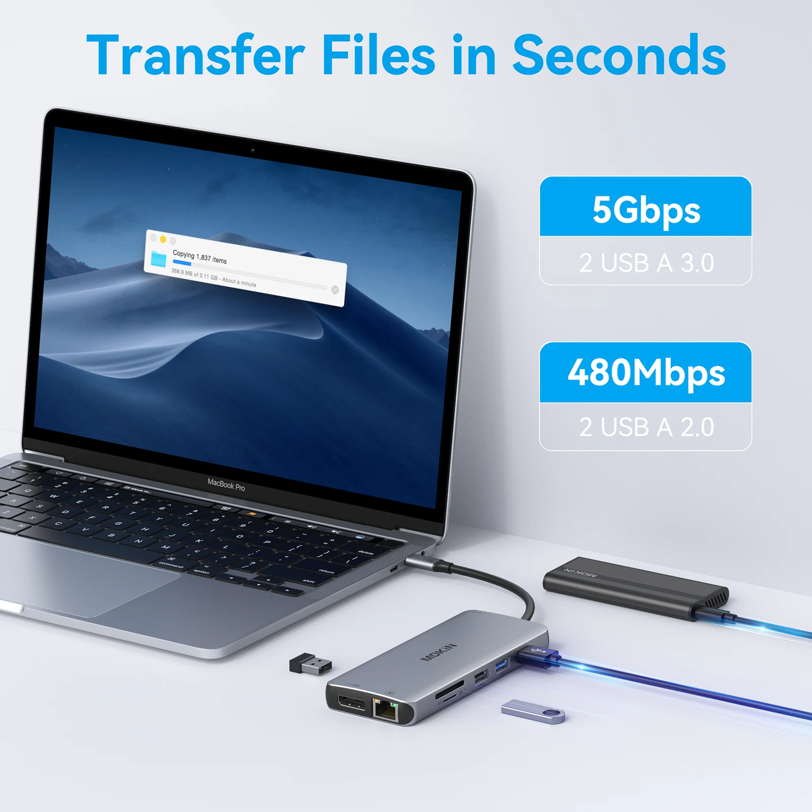 MOKiN 8 in 1 USB C Hub for MacBook Pro Air USB Adapter Multiport Docking Station with 4K Dispaly Port, HDMI, VGA, USB2.0, PD100W 5